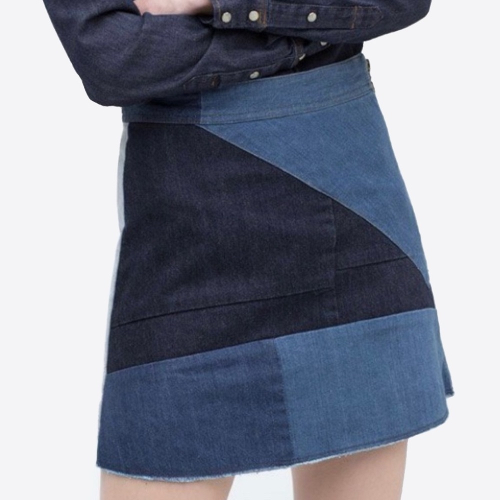 Zara Patchwork Denim Skirt Womens Medium Festival Hippie Boho Blogger Fave 70s